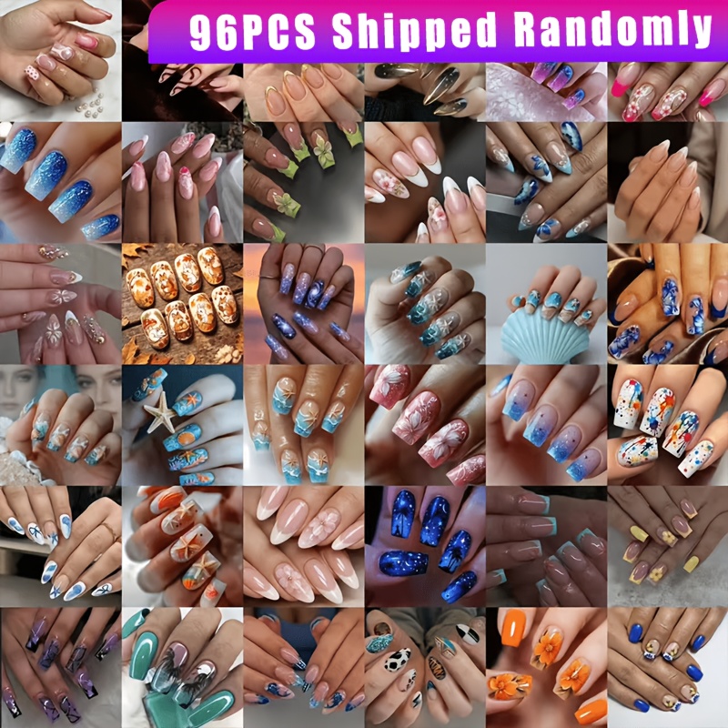 TEMU 96pcs Random Assortment Wearable Nail Art Set, Mixed Styles With Random Delivery, Featuring Floral, Leopard Print, Starry Sky, And Printed Nail