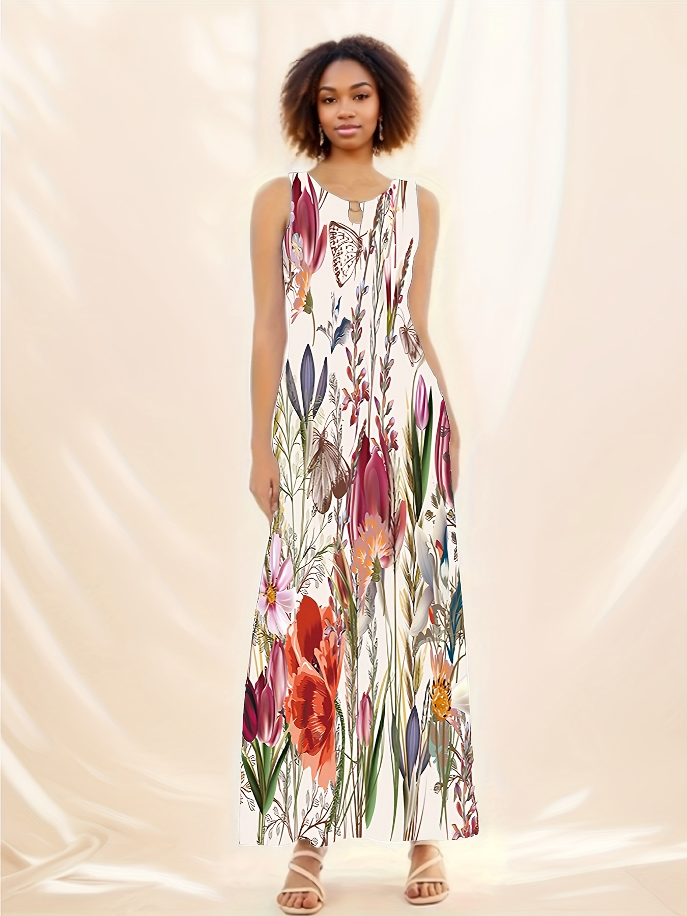floral print ring decor tank dress elegant sleeveless pockets dress for spring summer womens clothing