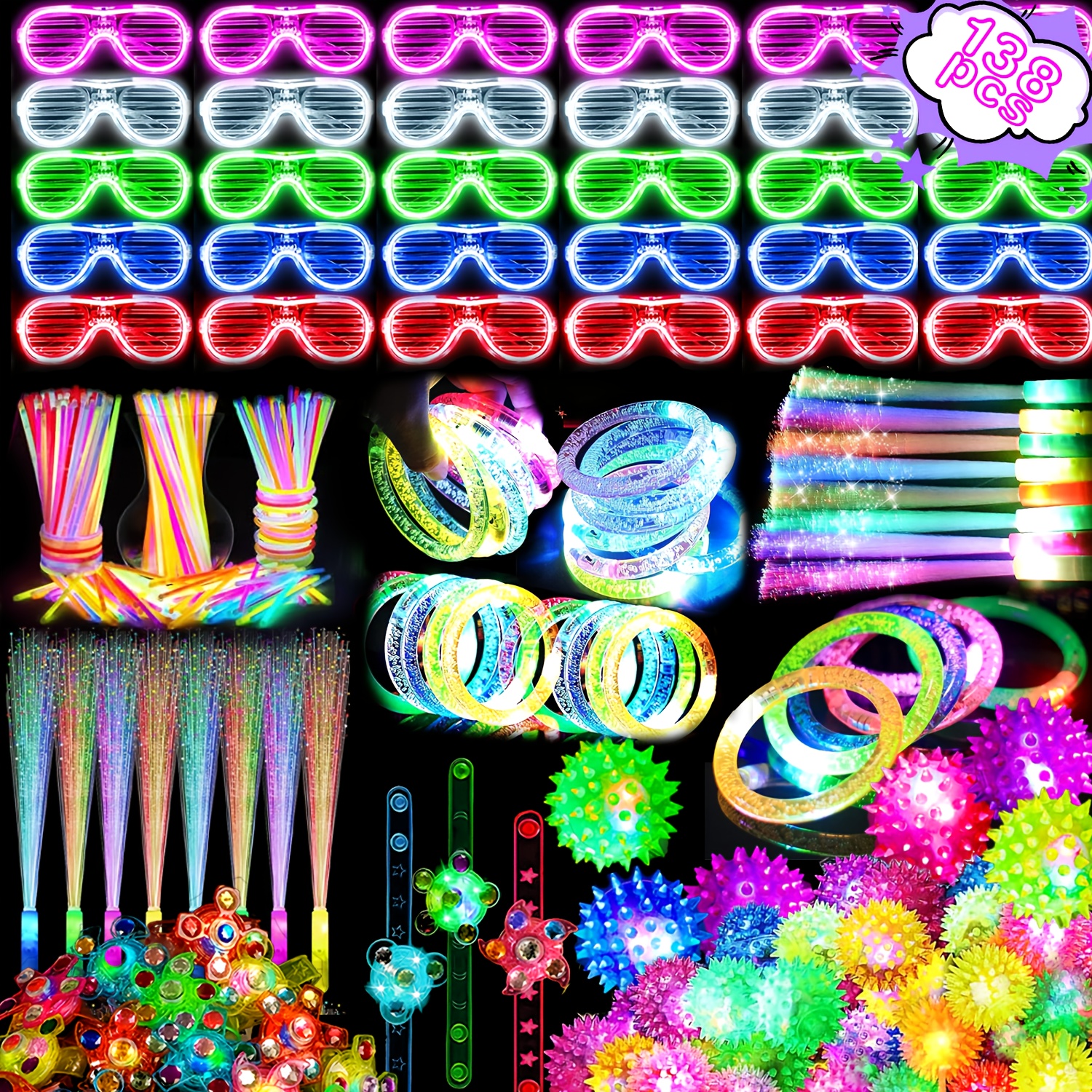 TEMU 138pcs Of Party Supplies That Glow In The Dark, Including 6 Led Glasses, 12 Led Wristbands, 6 Fiber Optic Sticks, 6 Glowing Gyro Wristbands, 10
