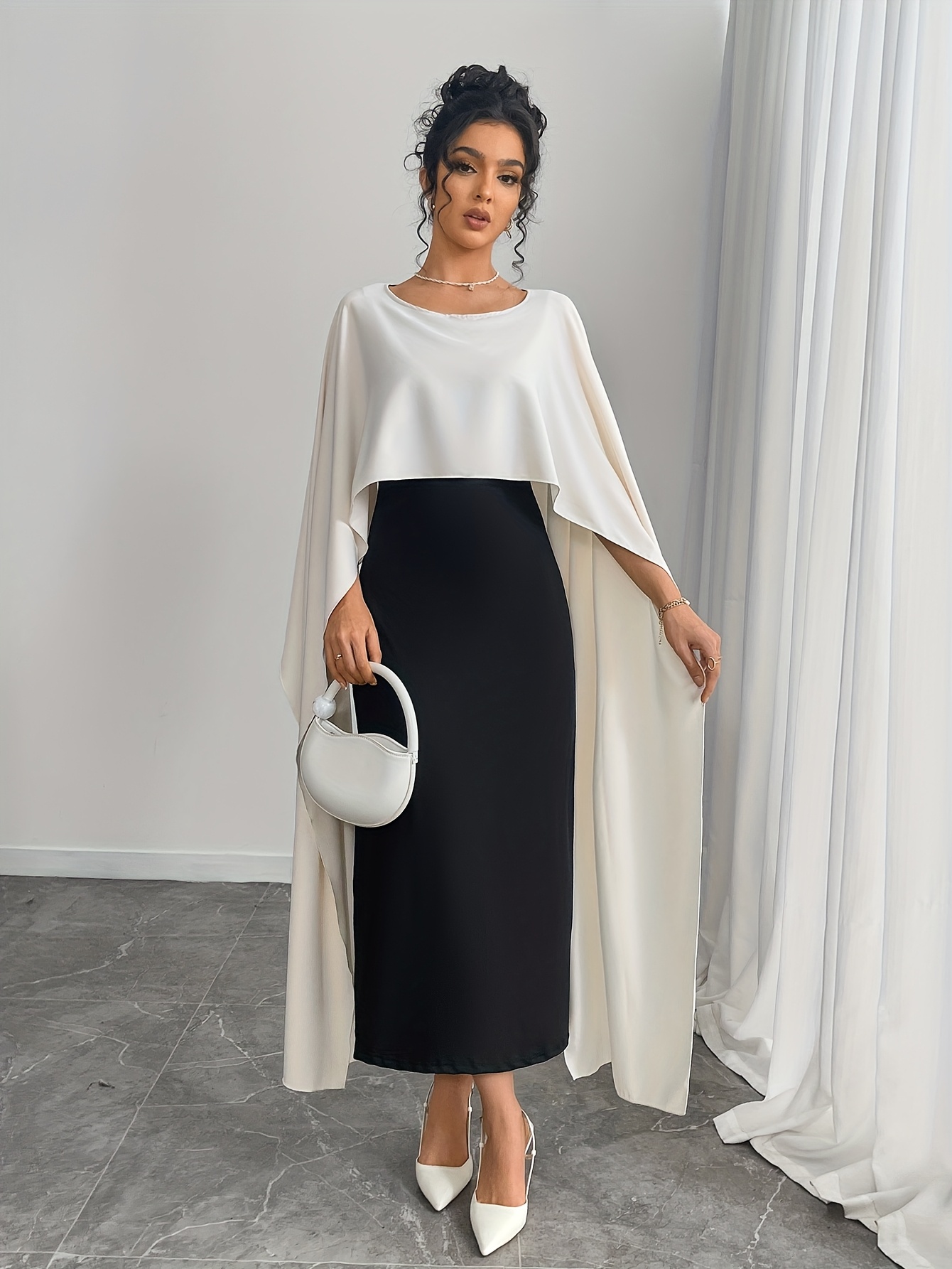 Women's Elegant Color-Block Cape Sleeve Party Dress