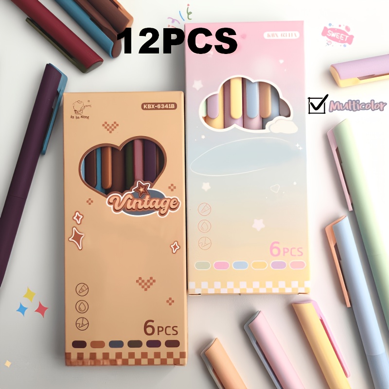 TEMU 12pcs Set Vintage Dopamine Gel Pens, 0.5mm Quick-drying For Journaling, Drawing, And Note-taking