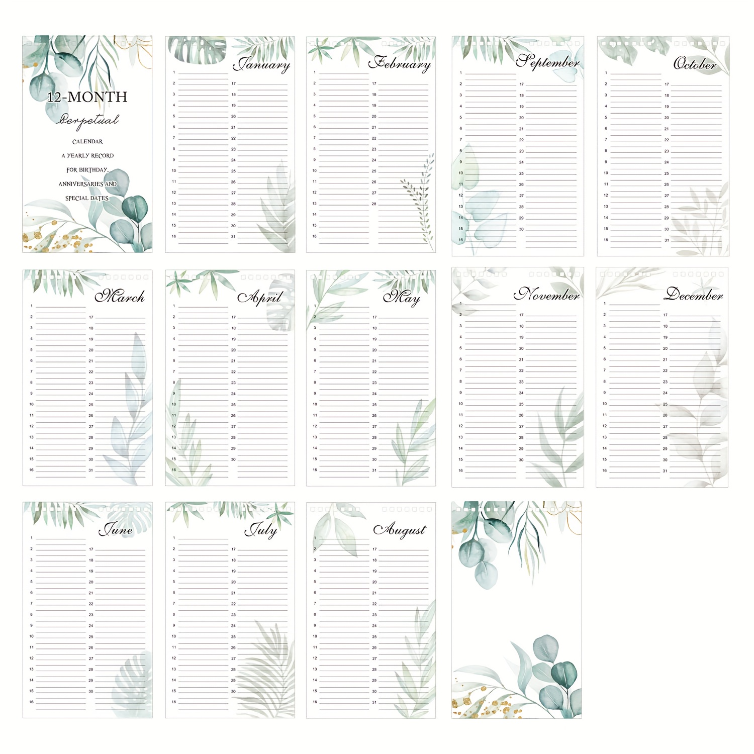 E-shop Ewiger 12-Monats-Kalender – Elegantes Blumendesign mit grünen Blättern, 6x10 Zoll Wandkalender-Organizer für Geburtstage, Jahrestage, wichtige