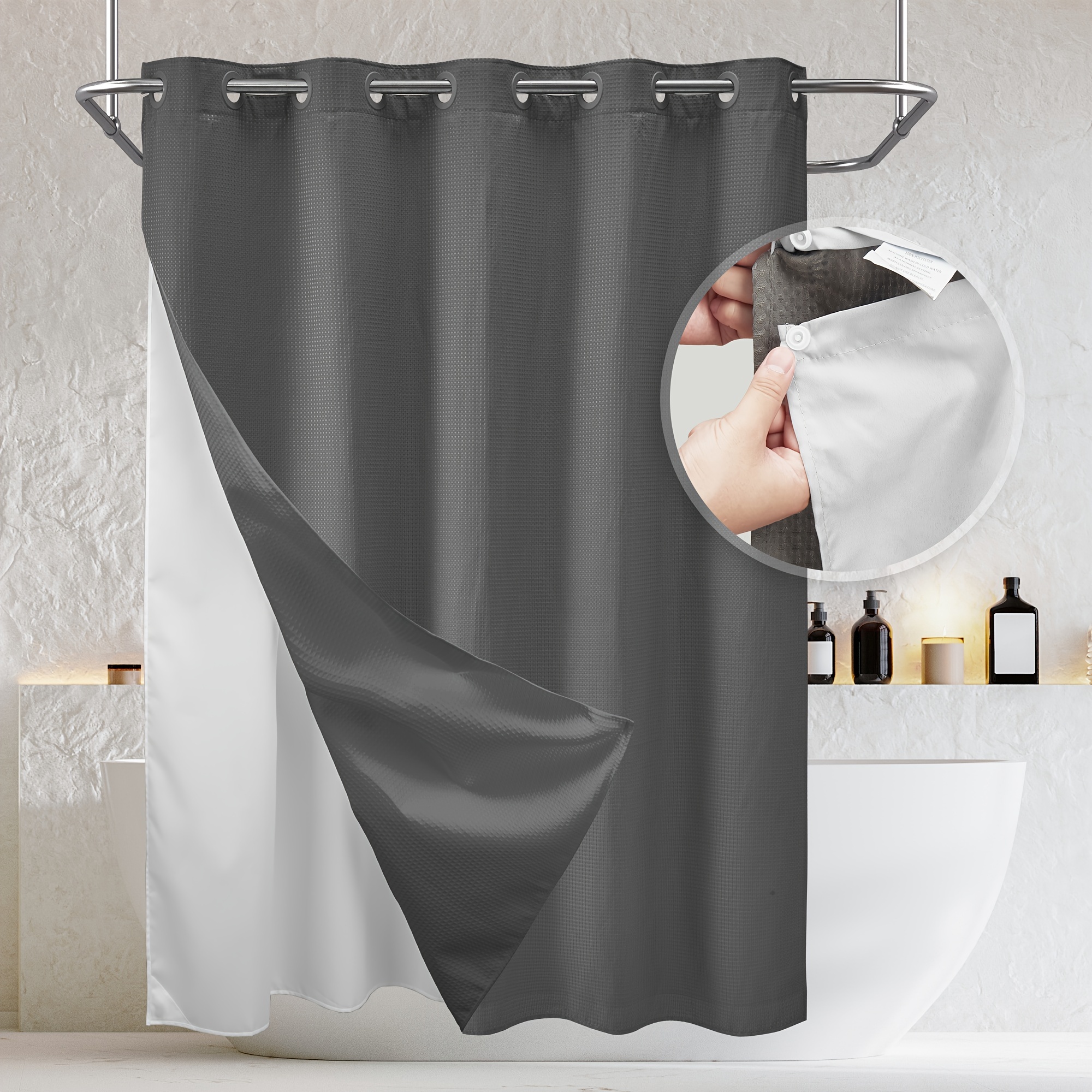 

Waffle Weave Shower Curtain With Liner, No Hooks Needed, Water Repellentwith Magnets