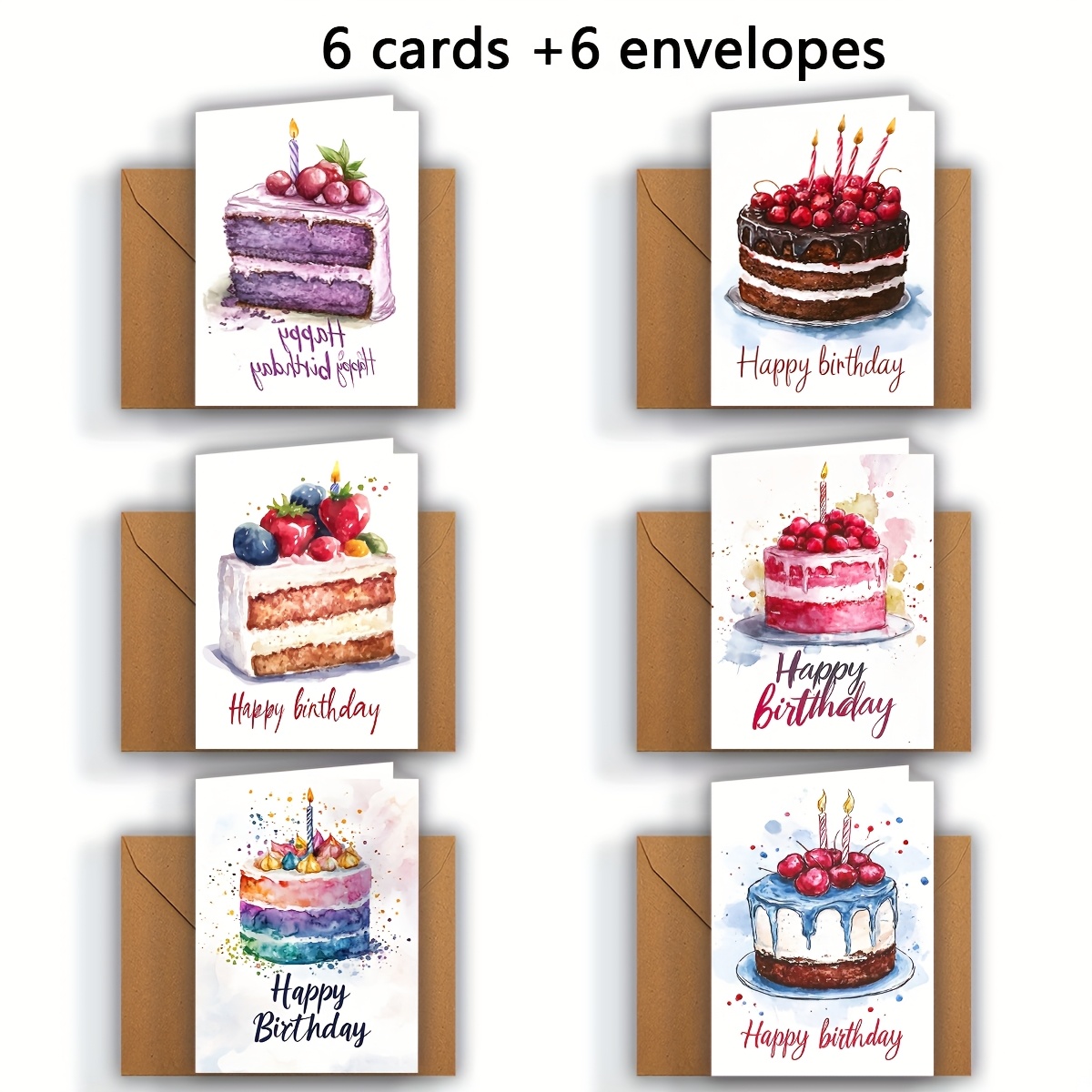 E-shop 12 Aquarell Geburtstagskarten mit Umschlägen | Handgezeichnete Kuchenmotive, Hochwertiges 300g Papier, Ideal für Weihnachten, Geburtstage und