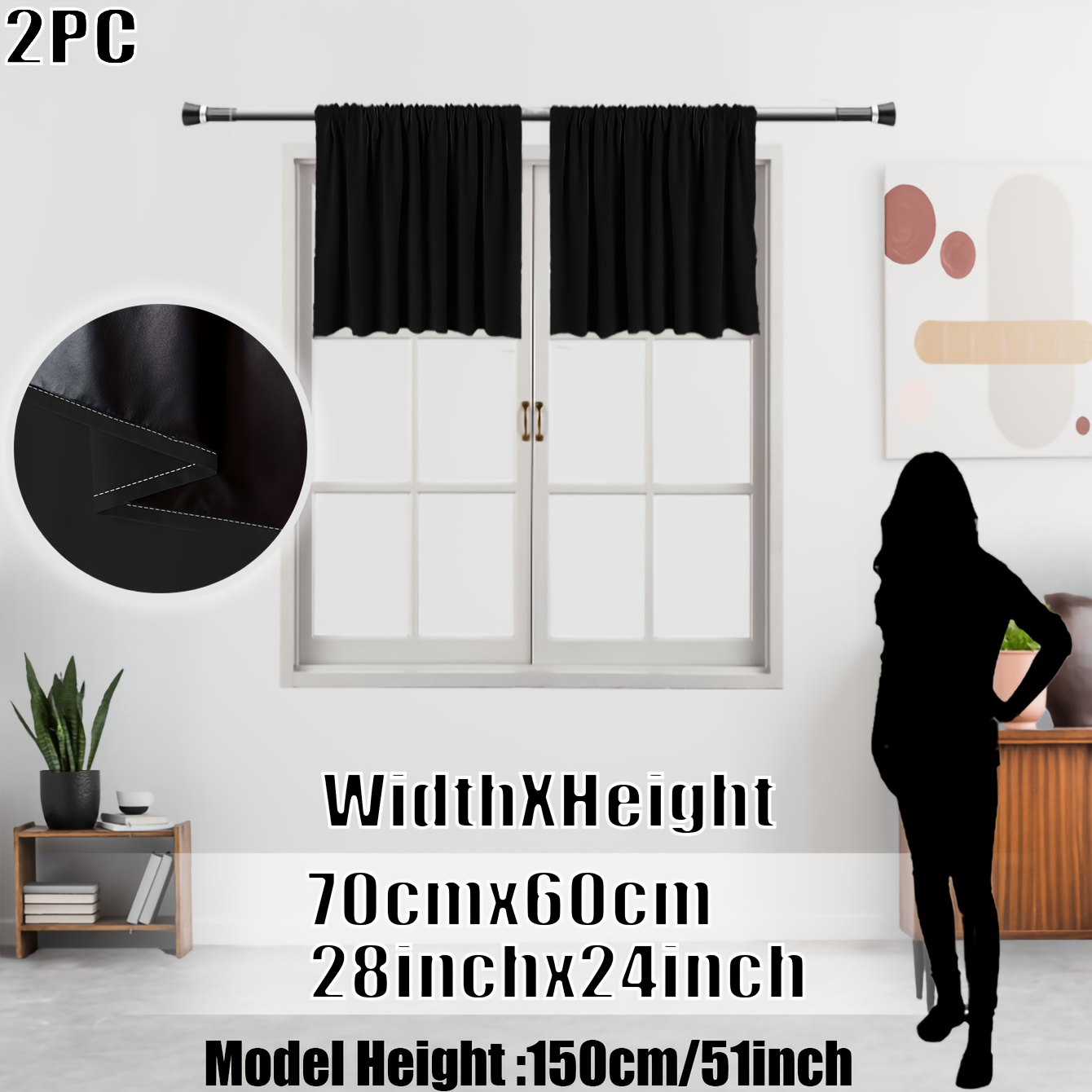 TEMU Lot de 2, Rideaux de Cuisine Occultants 100% Noirs, Passe-Tringle Supérieur, Revêtement Doublure Noire, Matériau Léger, Lavables, Bloquent les ,