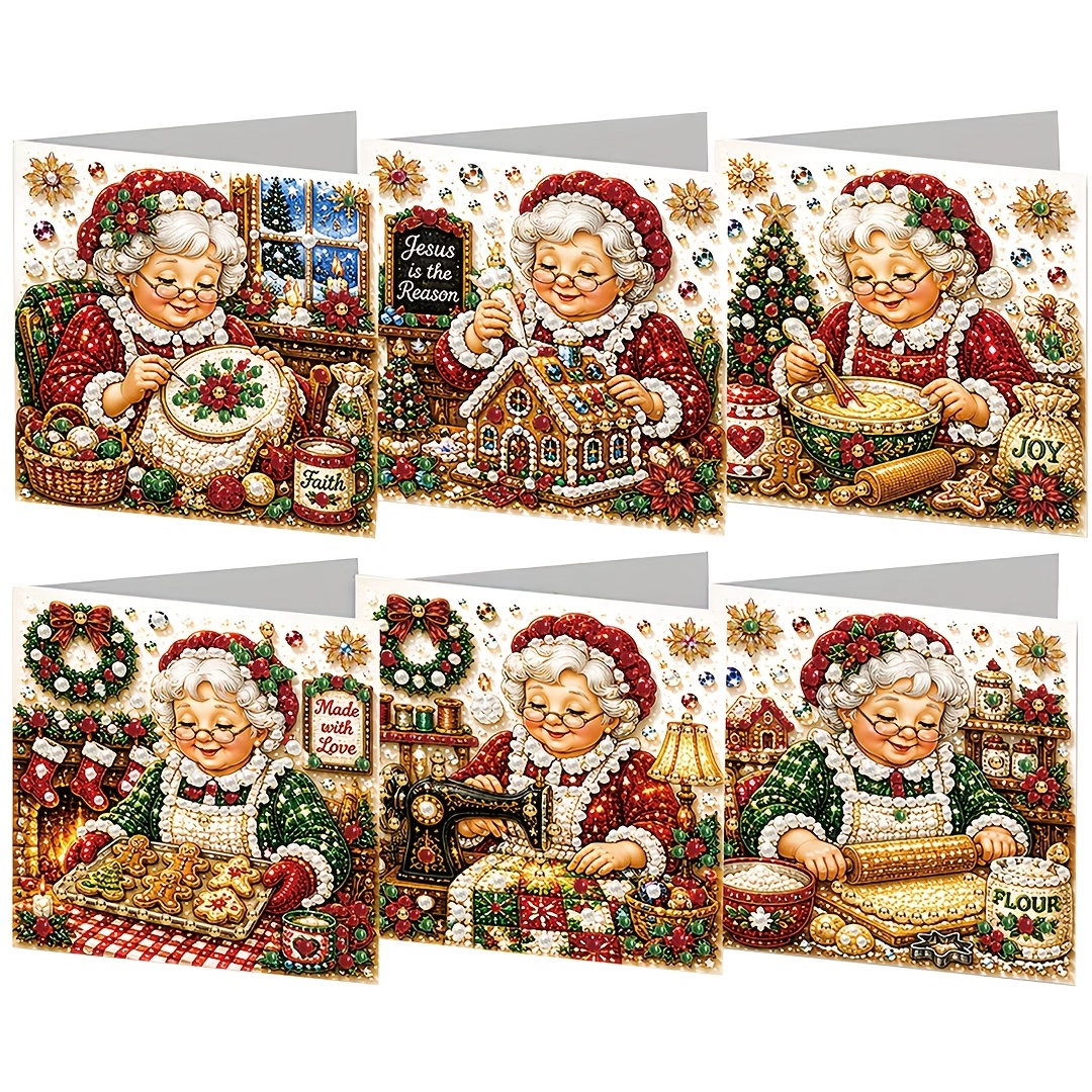 TEMU Diamond Painting Kit 6pcs Set Christmas Grandma Theme Pearl Greeting Card Partial Irregular Drill Embellishment Thickened Pre-printed Cardboard