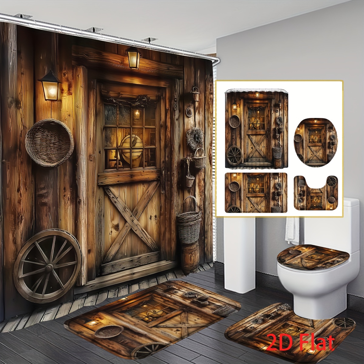 TEMU 2d Flat Printing 4pcs Rustic Farmhouse Shower Curtain Set Qvintage Wooden Wheel, Barn Door & Lantern Design, Wood Print, Style Bathroom Set With