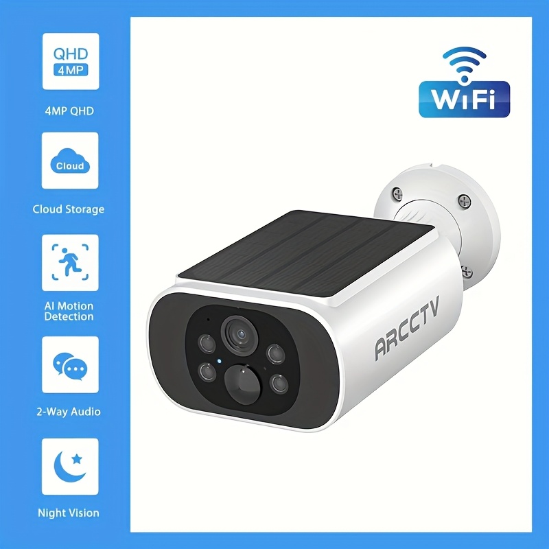 TEMU 4mp Solar-powered Outdoor Camera Wireless, Home Security System With Integrated Solar Panel, Color & B/w Night Vision Modes, Motion Detection &
