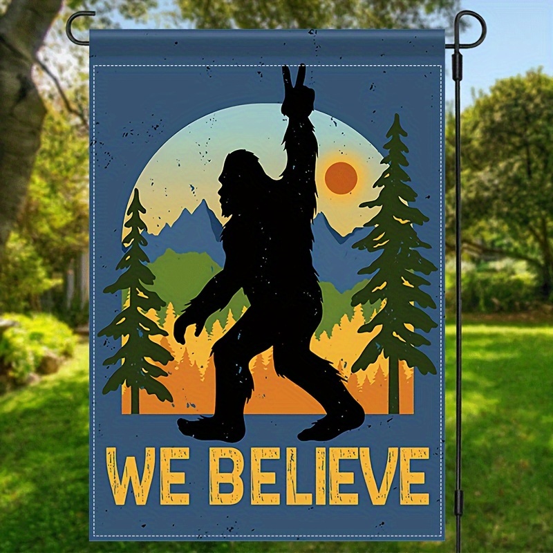 

1pc, We Believe Bigfoot Garden Flag, Sasquatch Double Sided Print House Flag, Yard Outdoor Decorations, Burlap Lawn Flag, 12x18inch