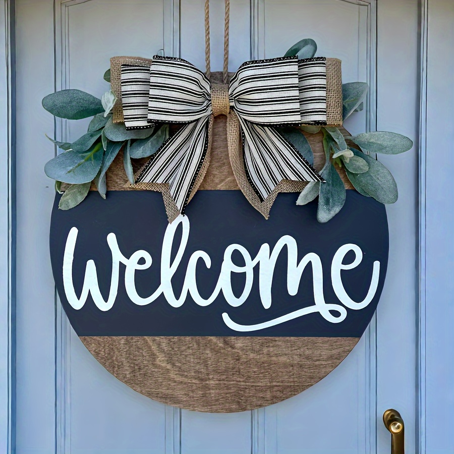 

Farmhouse Style Welcome Sign - Wooden Wall Mount Door Decor Without Electricity - Rustic Front Door Wreath With Bow And Greenery Accents