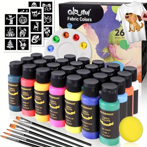 item picture permanent fabric paint 14 26 colors soft fabric bottles 30ml 1 01oz with brushes palette stencils non toxic textile paint for creative diy clothes t shirts crafts