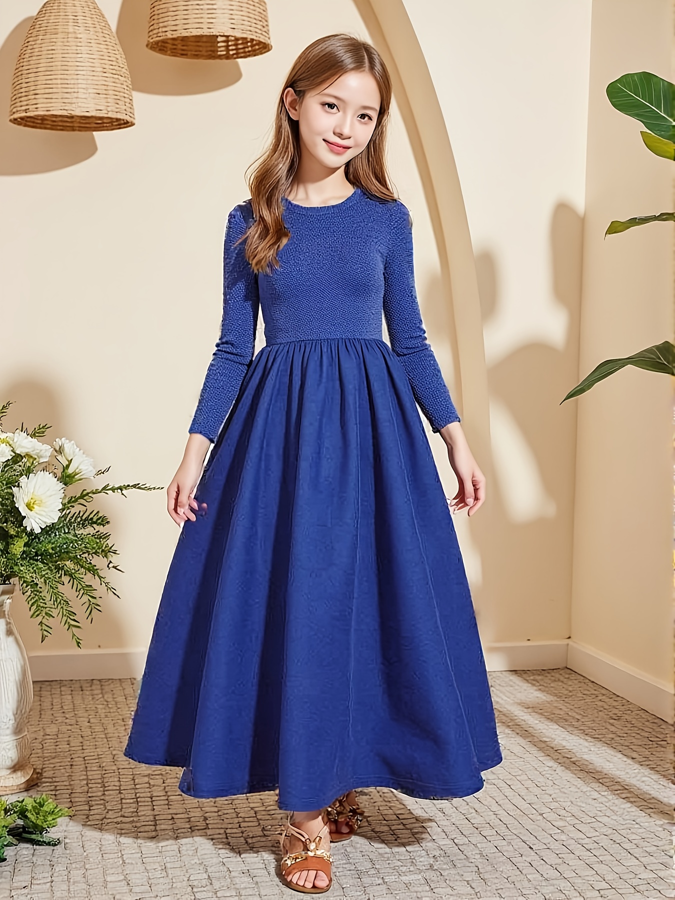 long sleeve dress canada Girls' Round Neck Solid Color Long Sleeve Dress, Casual and Simple for  Spring/Autumn