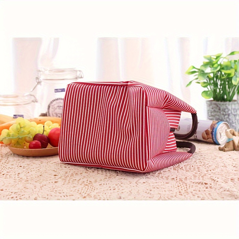 stylish striped insulated lunch bag   oxford cloth easy clean aluminum foil liner   lightweight tote for work picnic camping details 3