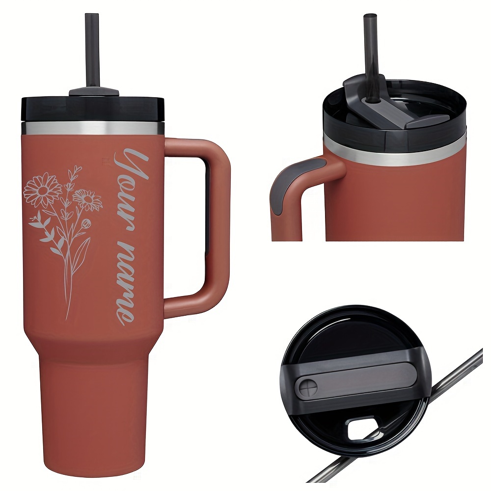1 Piece Insulated Stainless Steel Water Cup With Custom Name With Handle And Straw - Engraved Travel Coffee Cup, Flower Design - Ideal Personalized Gift For Men, Women, Deceased Pets, Friends