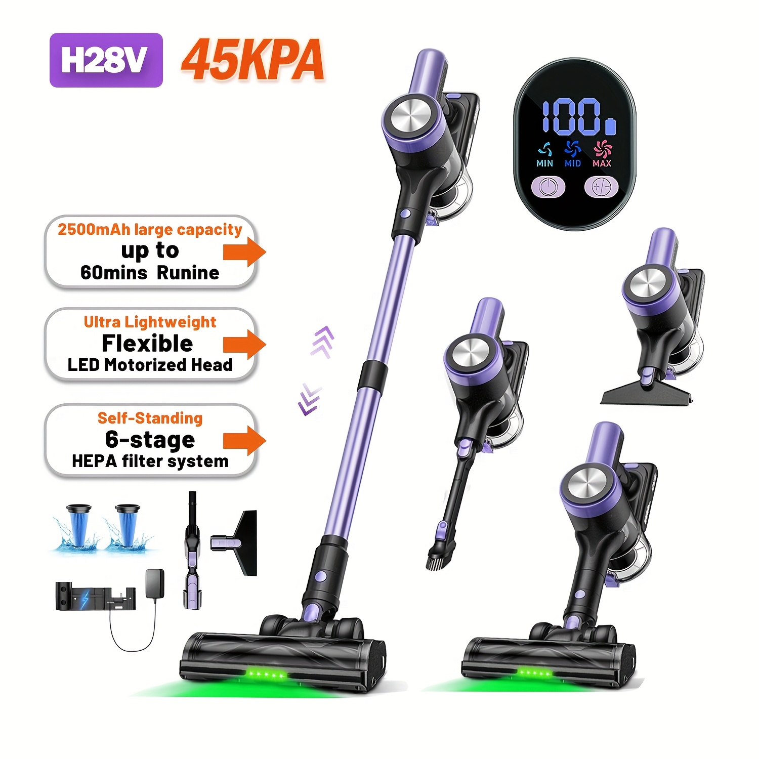 TEMU Aspirateur fil autoportant (Aspiration puissante/Autonomie de la batterie de 60 min/2500mAh/Charge murale/Brosse à plancher -emmêlement à LED