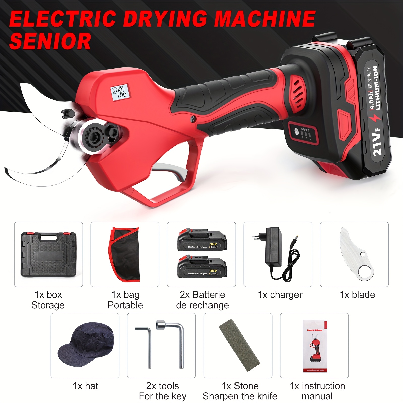 TEMU 1000w 50mm Electric Pruning Shears Brushless Cordless Pruning Shears Tree Branch Cutting Tool, With 2 Batteries