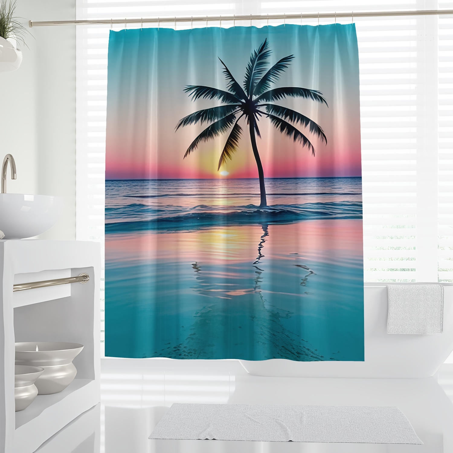 

1pc Tropical Sunset Beach Scene Shower Curtain, Waterproof Shower Curtain With Hooks, Bathroom Partition, Bathroom Accessories, Home Decor
