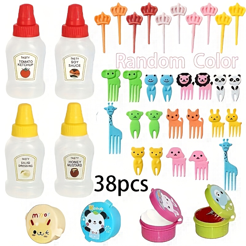 Image of 38pcs Bento Box Set With Mini Water Bottle, Creative Animal-shaped Forks, Picnic, Camping & Party Use, Lid-covered Condiment Container, Cute Animal , Random Colors