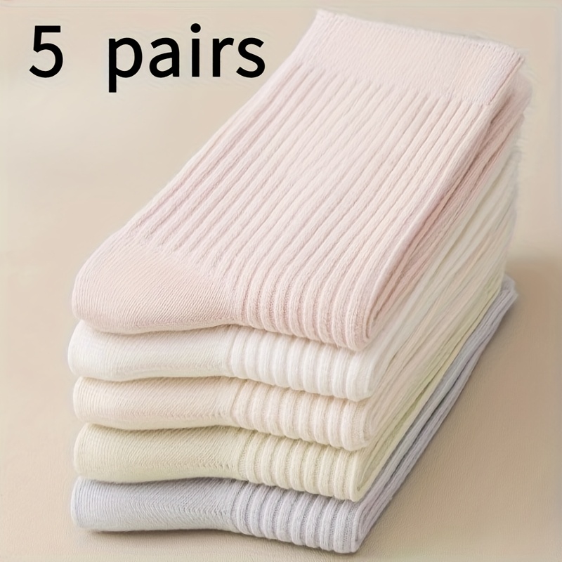Image of 5 Pairs Of Women's Pure Socks, Mid-calf Autumn/winter Style, Solid Color Simple And Comfortable Casual Socks