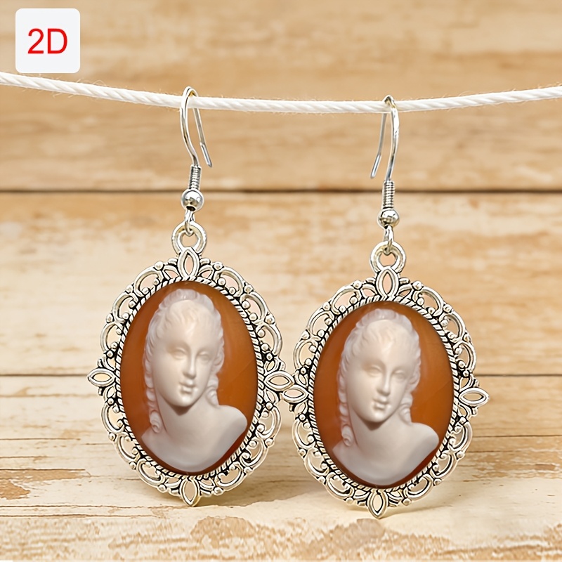 TEMU 2d Flat - 2d Printed Cameo Earrings Featuring A Classical Beauty Portrait Design, Vintage-style Earrings With Aged Silvery Edges Era. Elegant