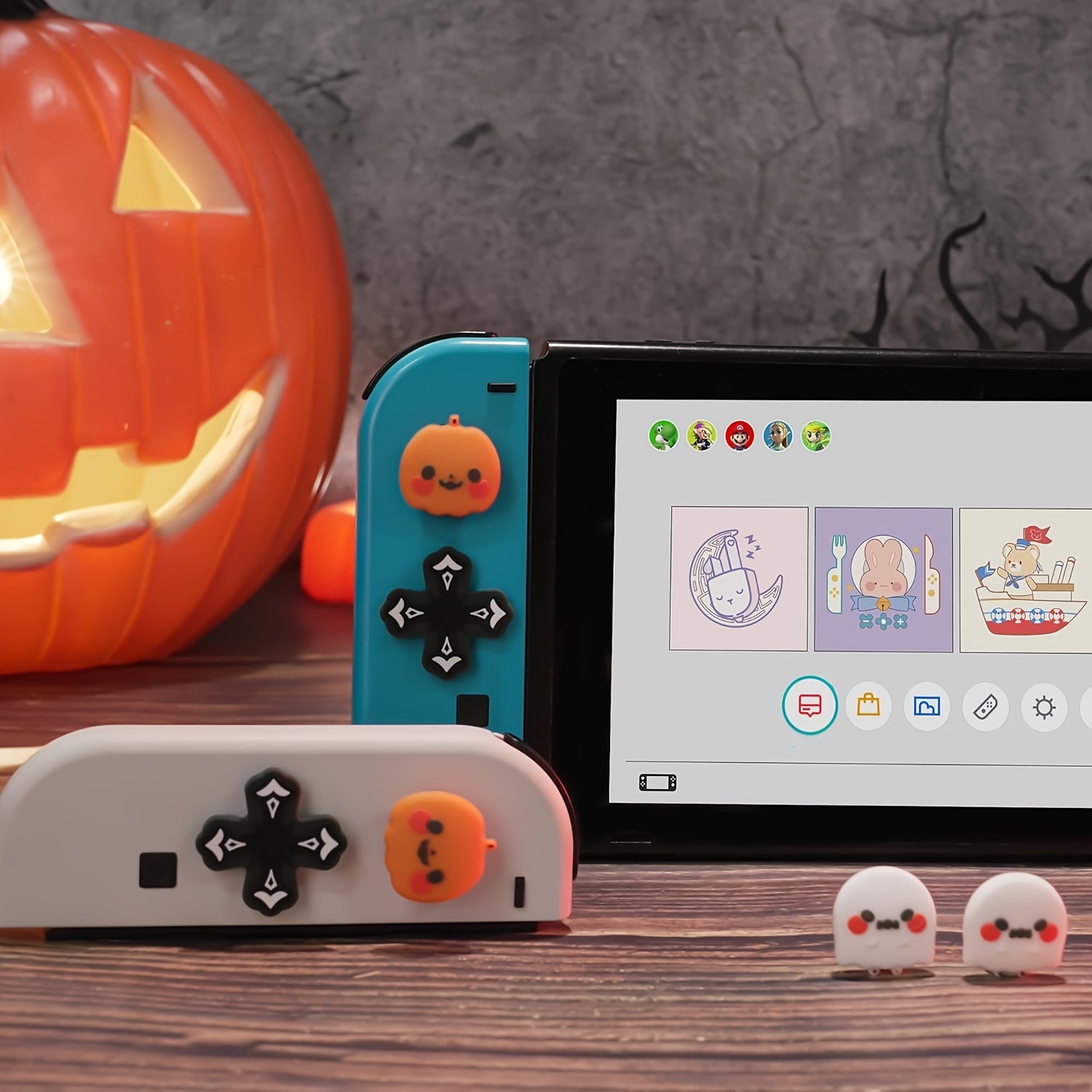 

spooky Fun" Halloween-themed Silicone Button Caps Set For Nintendo Switch/oled - Pumpkin & Ghost Designs, Soft Joystick Covers With Abxy Stickers