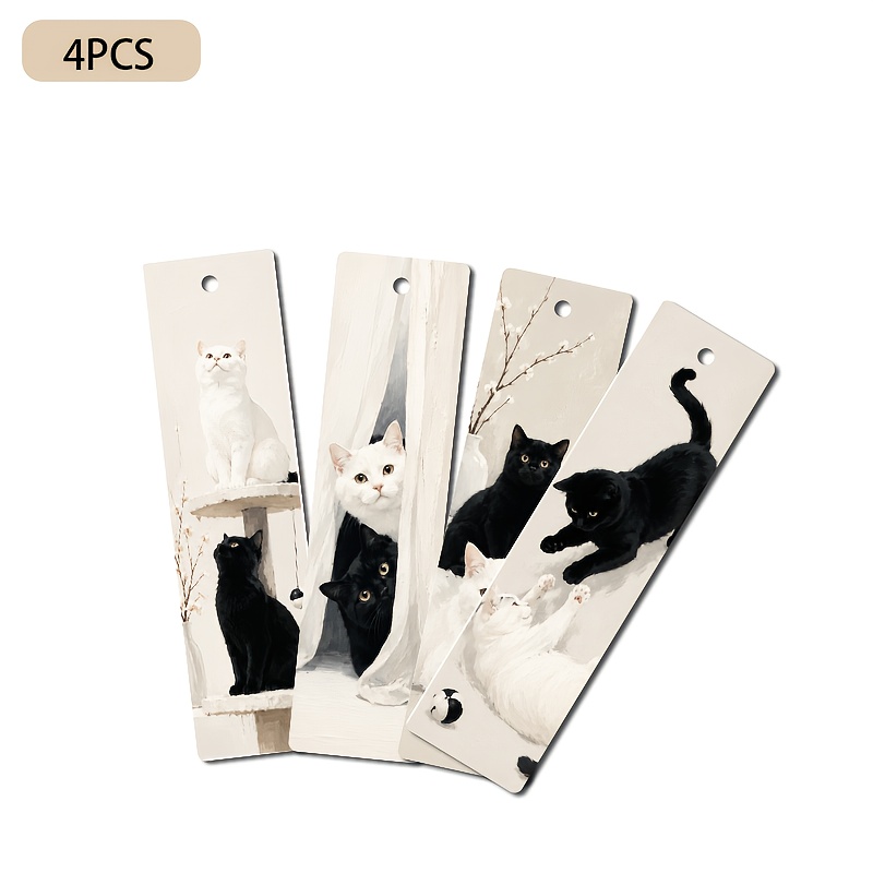 TEMU Lot de 4 marque-pages en cuir PU imprimés en 2D avec pompon, motif série peinture à l'huile de et blanc, arbre à chat, sous des rideaux, jouant