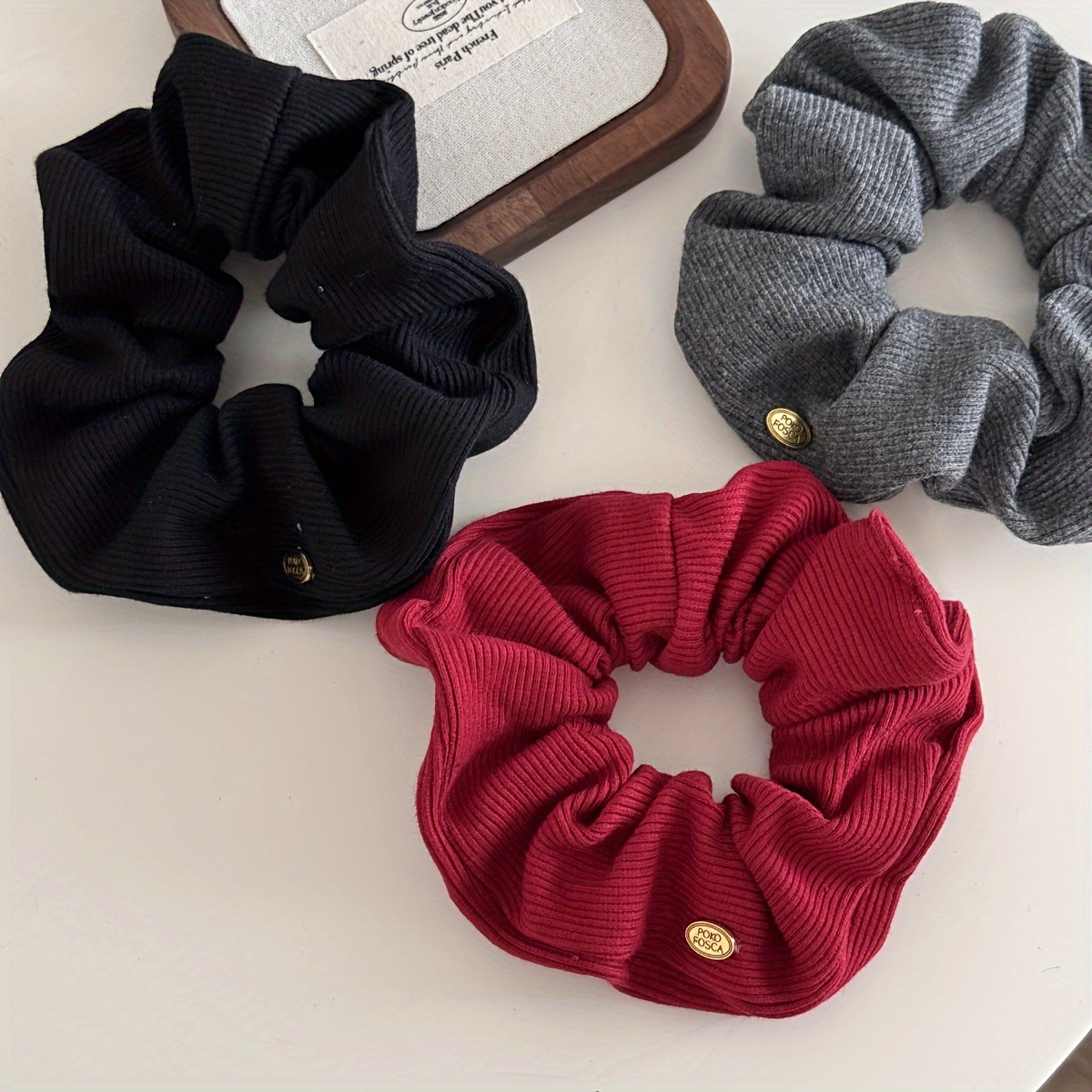 

Knitted Hair Scrunchies Black Gray Women Holiday Oversized Hair Ties Headwear Golden Button New Year Hair Accessories