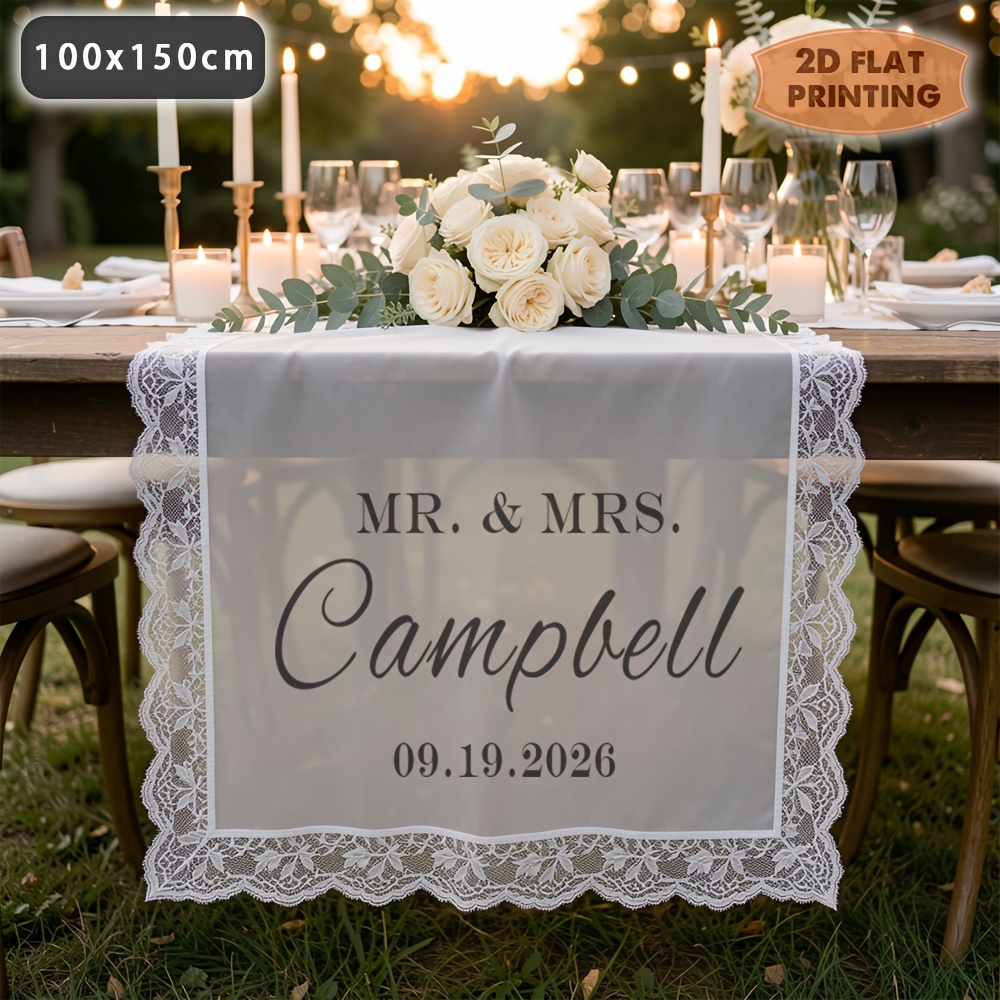 TEMU Nappe de table/de fête, Chemin de table en tulle et dentelle personnalisé, Bannière de table de mariage personnalisée avec nom de famille, Décor