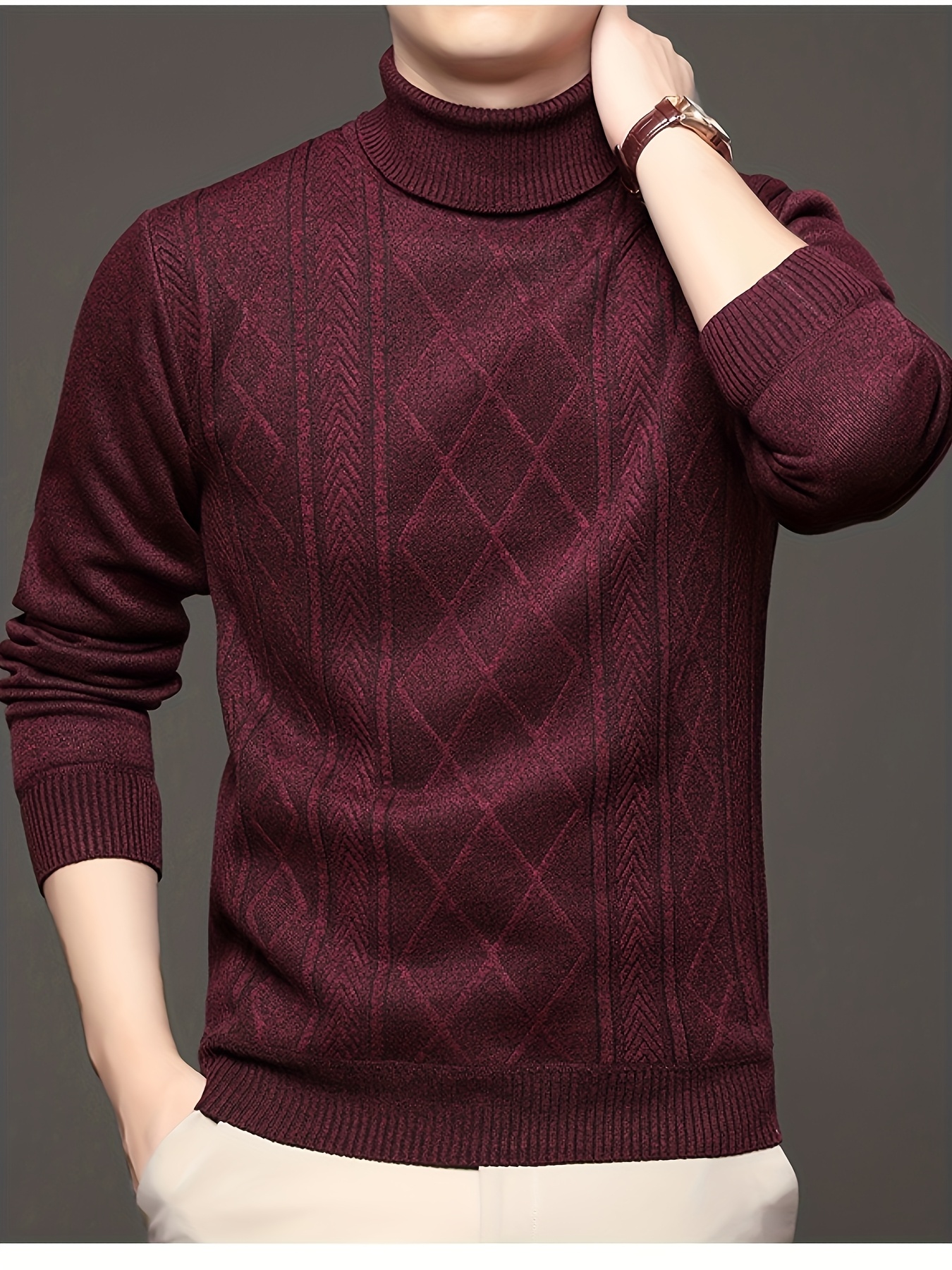 Men'S Solid Color Jacquard Knitted Sweater Turtleneck Pullover Sweater Men'S Fashion Fleece Knitted Shirt Autumn