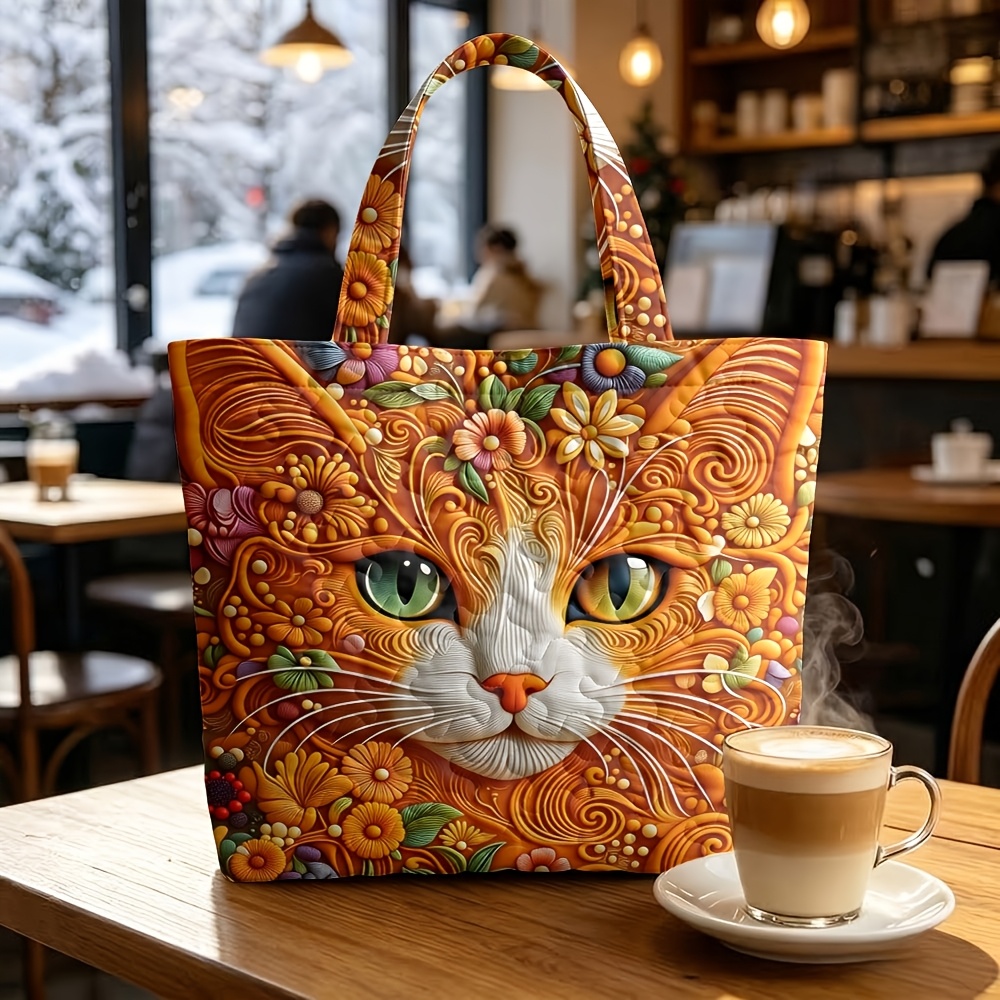 TEMU 2pcs Quilted Tote Bags With Sunflower Keychain Gift, Vibrant Artistic Floral Cat Face Print, Large Capacity Soft Fabric Shoulder Bag, Multiple