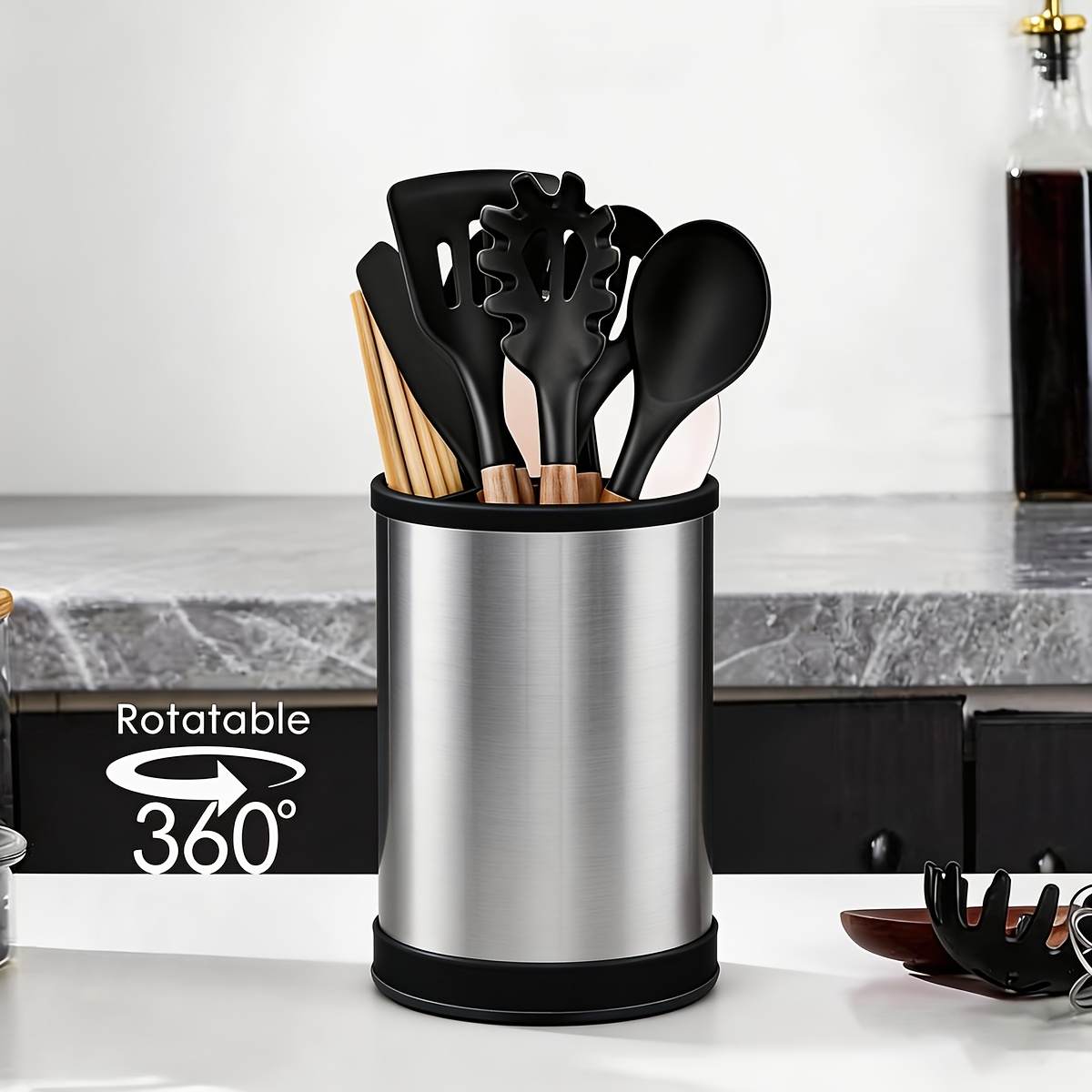 1pc 360&deg; Rotating Stainless Steel Kitchen Utensil Holder, With Drain Holes & Compartments, Brushed Metal End, Multi-functional Cutlery Organizer, Storage Tool For Spatulas, Spoons & Chopsticks
