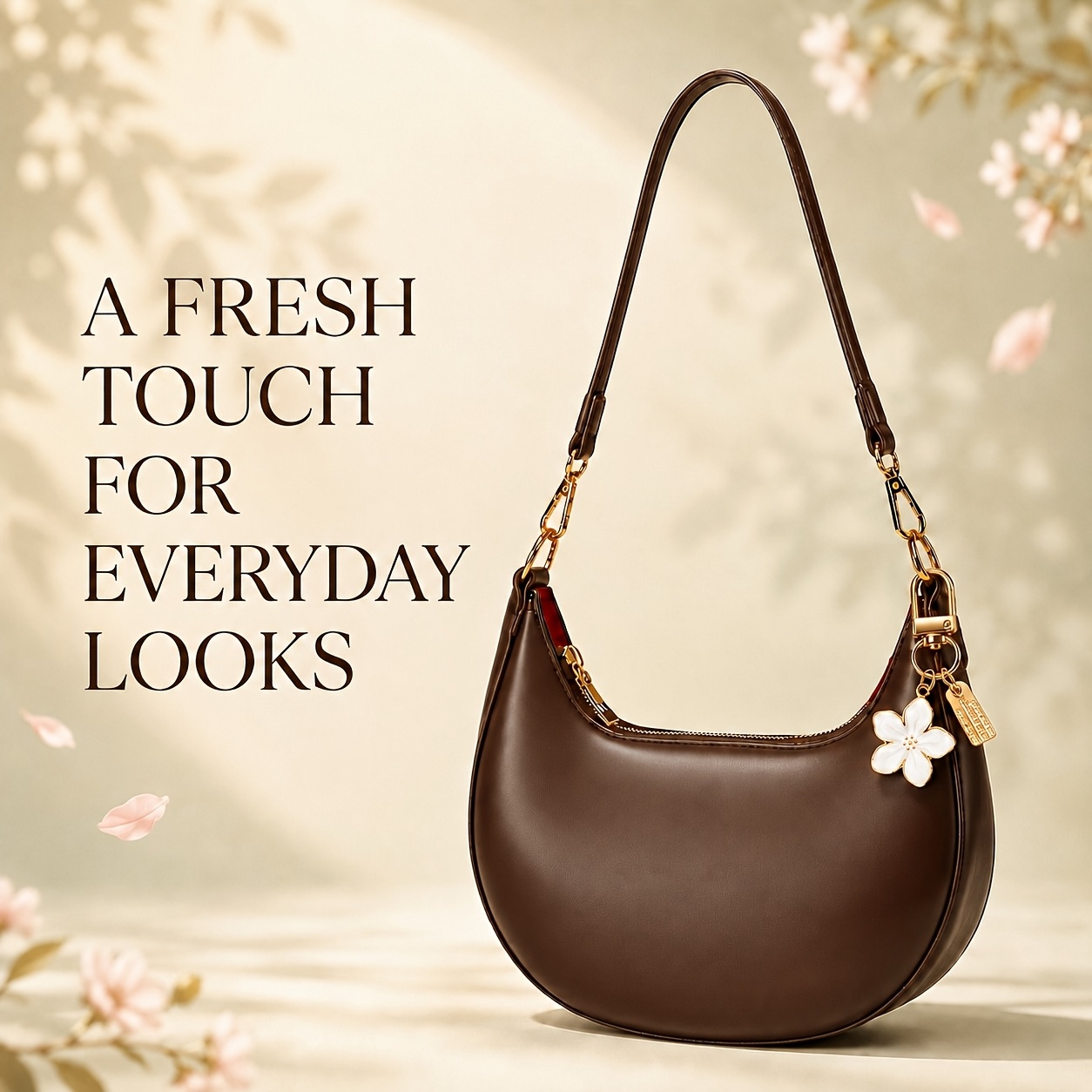 TEMU 1pc Crescent-shaped Shoulder Bag, Add Flower Keychain, Solid Color Women Underarm Bag, Spring And Summer, Design, Chic