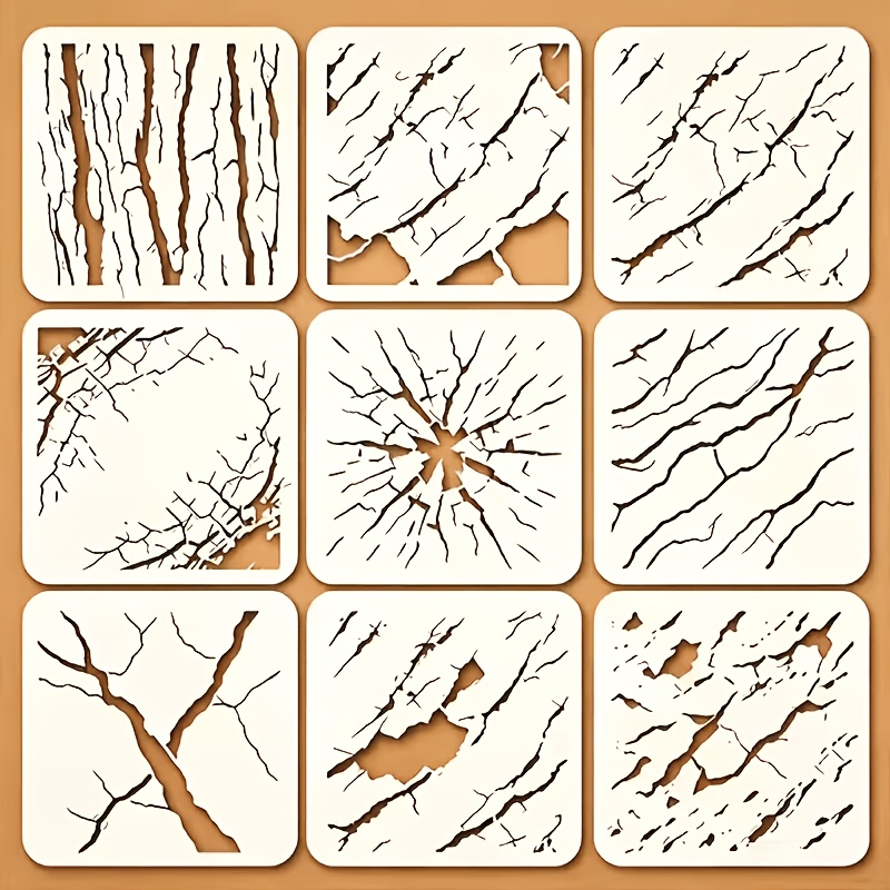 TEMU 9pcs Set Of Crack Templates That Reused, Including Broken Walls, Webs, Bark, And Textures. This Set Is Used For Painting Furniture, Fabric, Wall