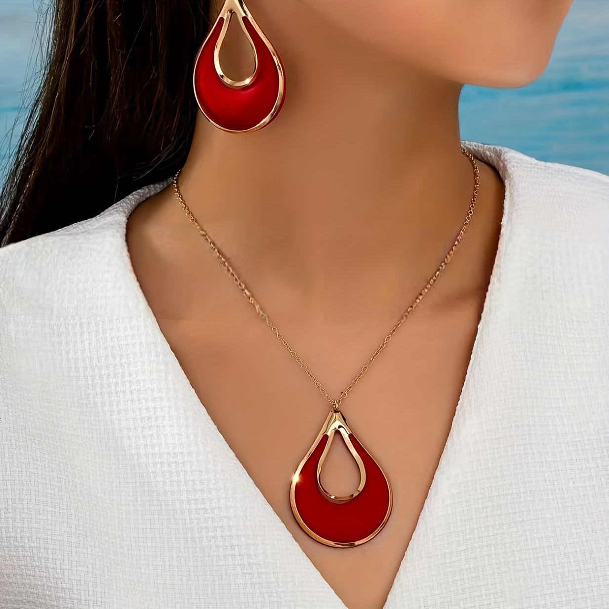 TEMU Trendy Geometric Openwork Teardrop Earrings And Necklace Set, Elegant, Fashionable, And Creative