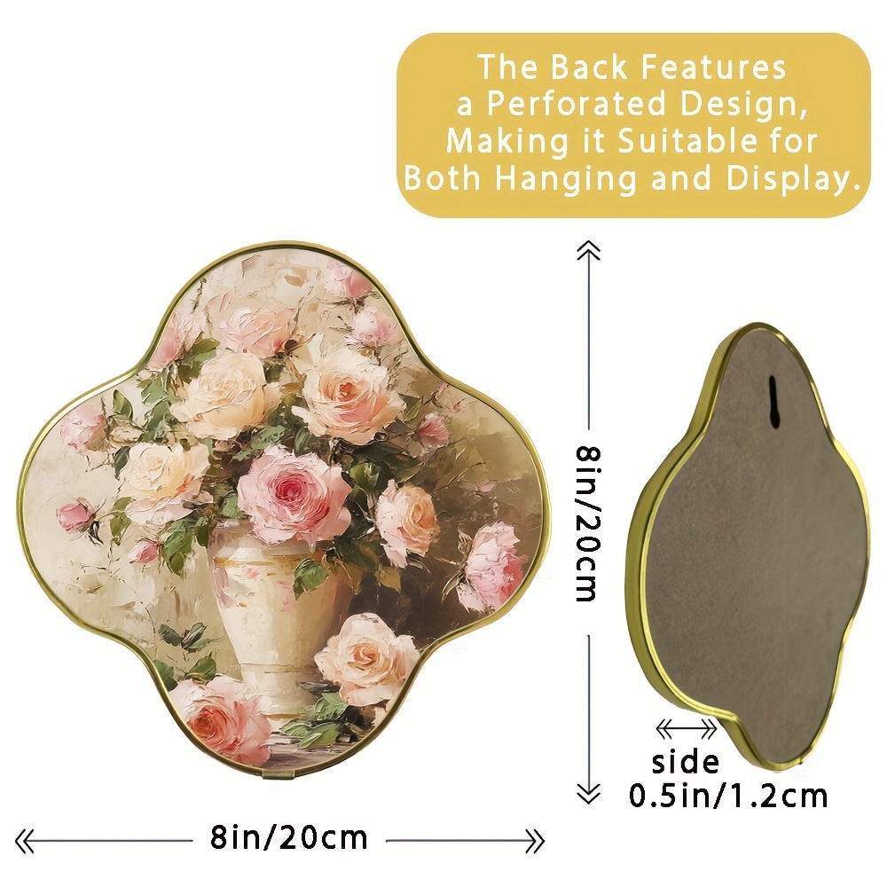 TEMU 2d Flat, 2d Flat, 1pc, Gold- Poster Featuring A Bouquet Of Roses In A Vase, Vintage Country-style Frame Measuring 7.8x7.8 Inches, Wall Art For