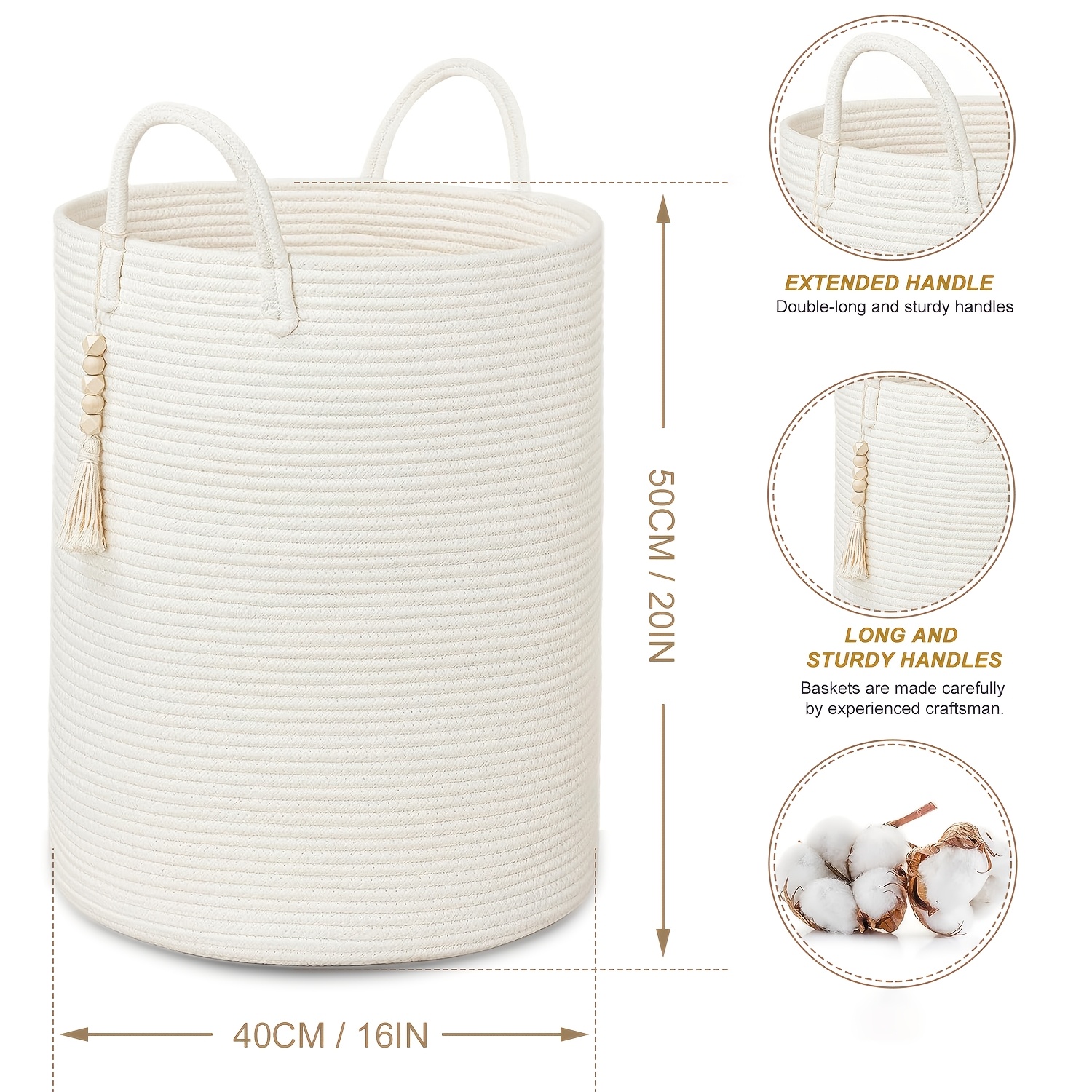 Large 65L Woven Rope Laundry Basket, Tall Hamper for Storing Dirty Clothes, Blankets, And, Ideal for Organizing in Bedrooms And Living Rooms - Collapsible - Beige, Shelf Baskets