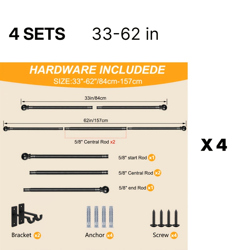 TEMU 4 Sets, 2 Sets, 1set Of Curtain Rods Suitable For Windows Measuring 33-149 Inches, Featuring A 5/8 Inch Decorative Curtain Rod Set In Matte
