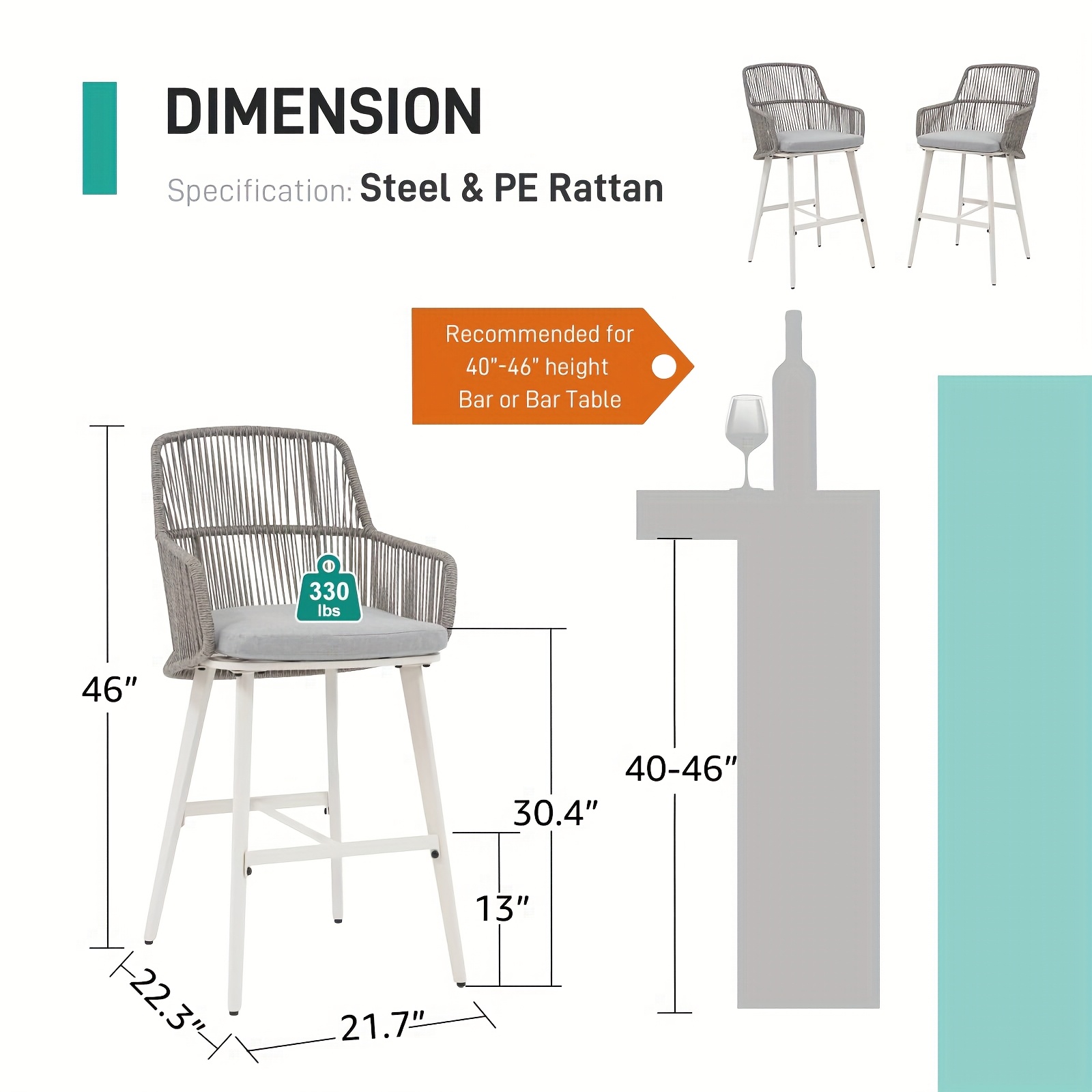 Set of 2 Modern Metal Bar Stools for Outdoor Use, Ideal for Poolside, Garden, Or Deck