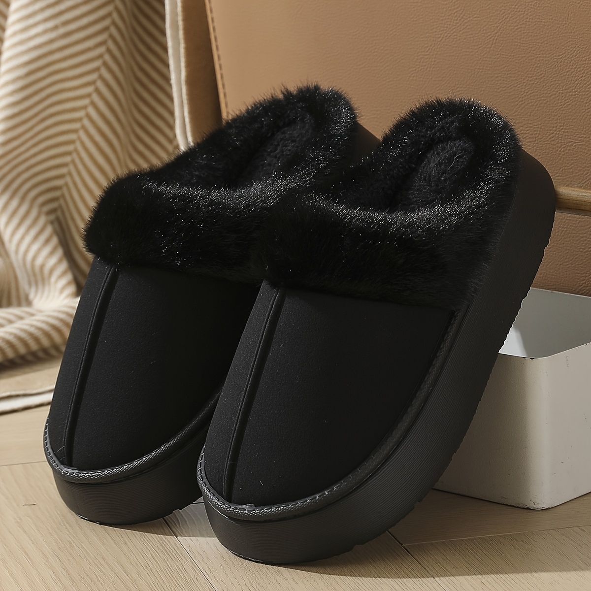 TEMU Autumn Winter Thick-soled Plush Bag-toes Slippers, Easy Solid Retro Style Indoor Slippers, Loose Comfortable Couple Home Casual Outdoor Walking