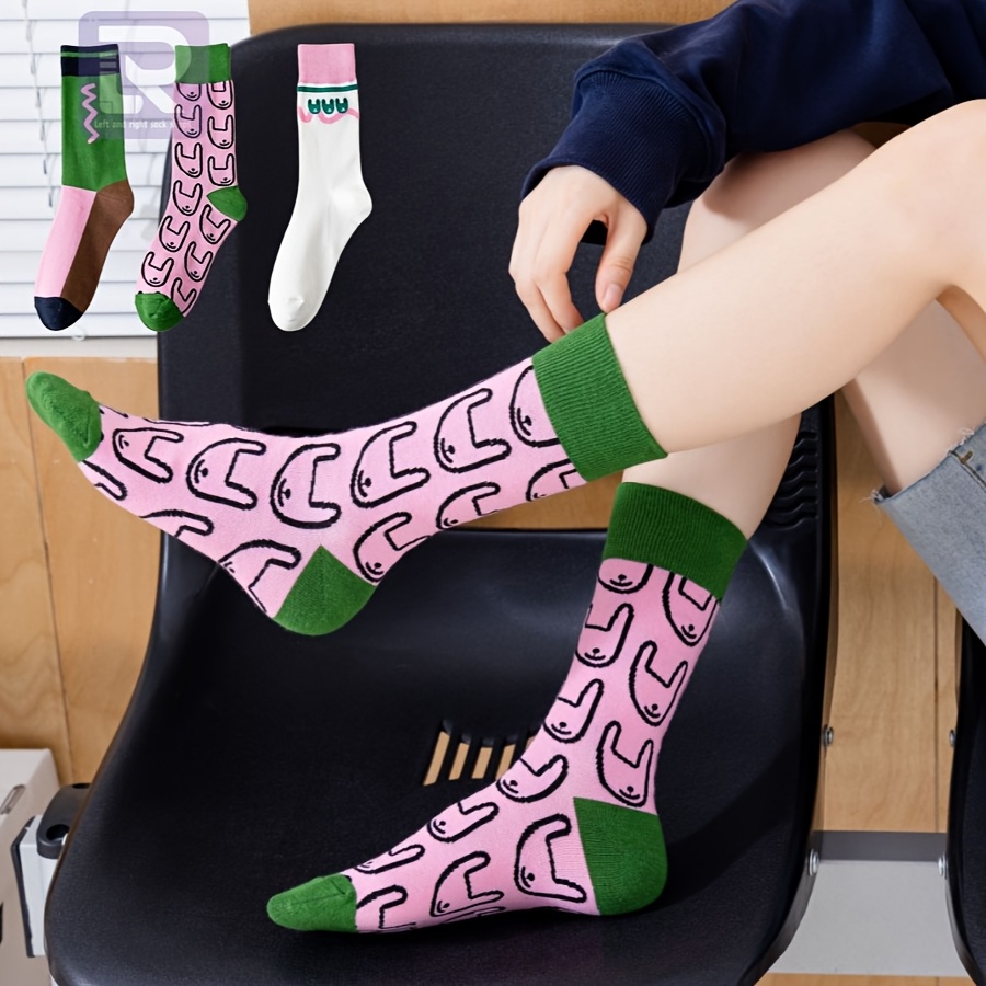 

Lot de 3 Chaussettes Tendance avec Lapin Cartoon pour Femmes - Colorblock, Mélange de Polyester Respirant, Lavables en Machine