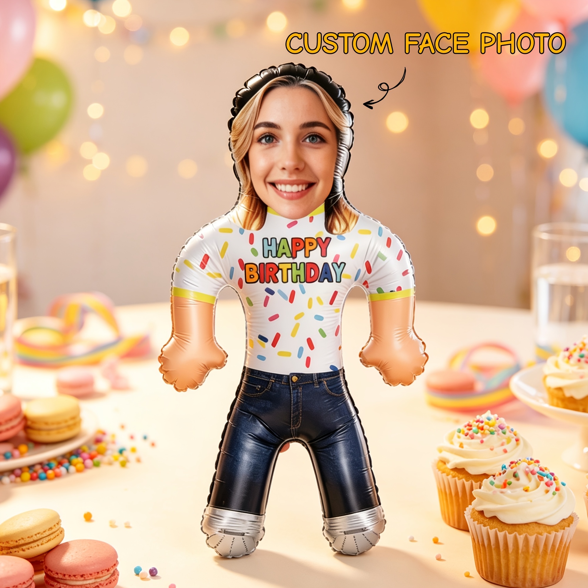 TEMU Custom Face Inflatable Doll, Personalized Face Photo, Colorful Sprinkles Style With Happy Birthday Text Design, Birthday Party Decoration Setup,