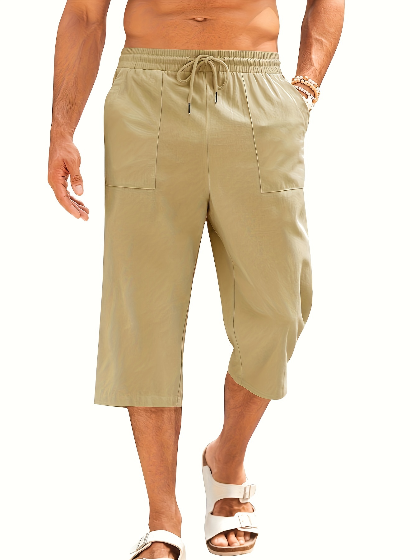mens linen capri pants casual lightweight length elastic Temu