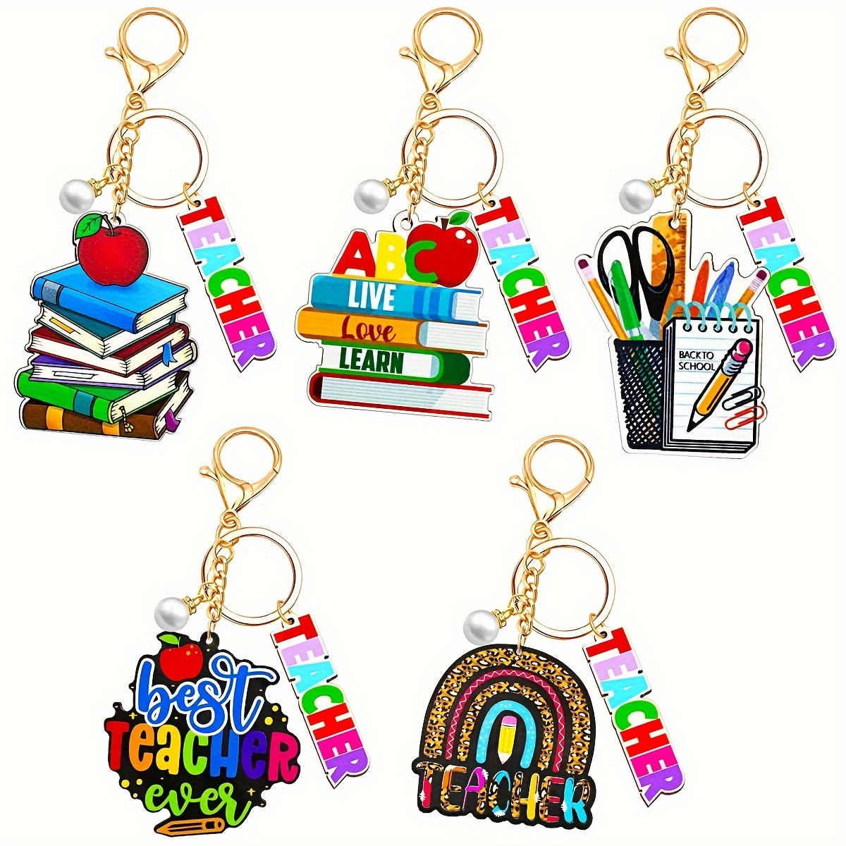 

5-pack Teacher Appreciation Keychains, Alloy & Wood Cartoon Themed Key Rings With Tassel, Round Shape, Lobster Clasp, Homecoming Festival Decorative Keychains For Men And Women