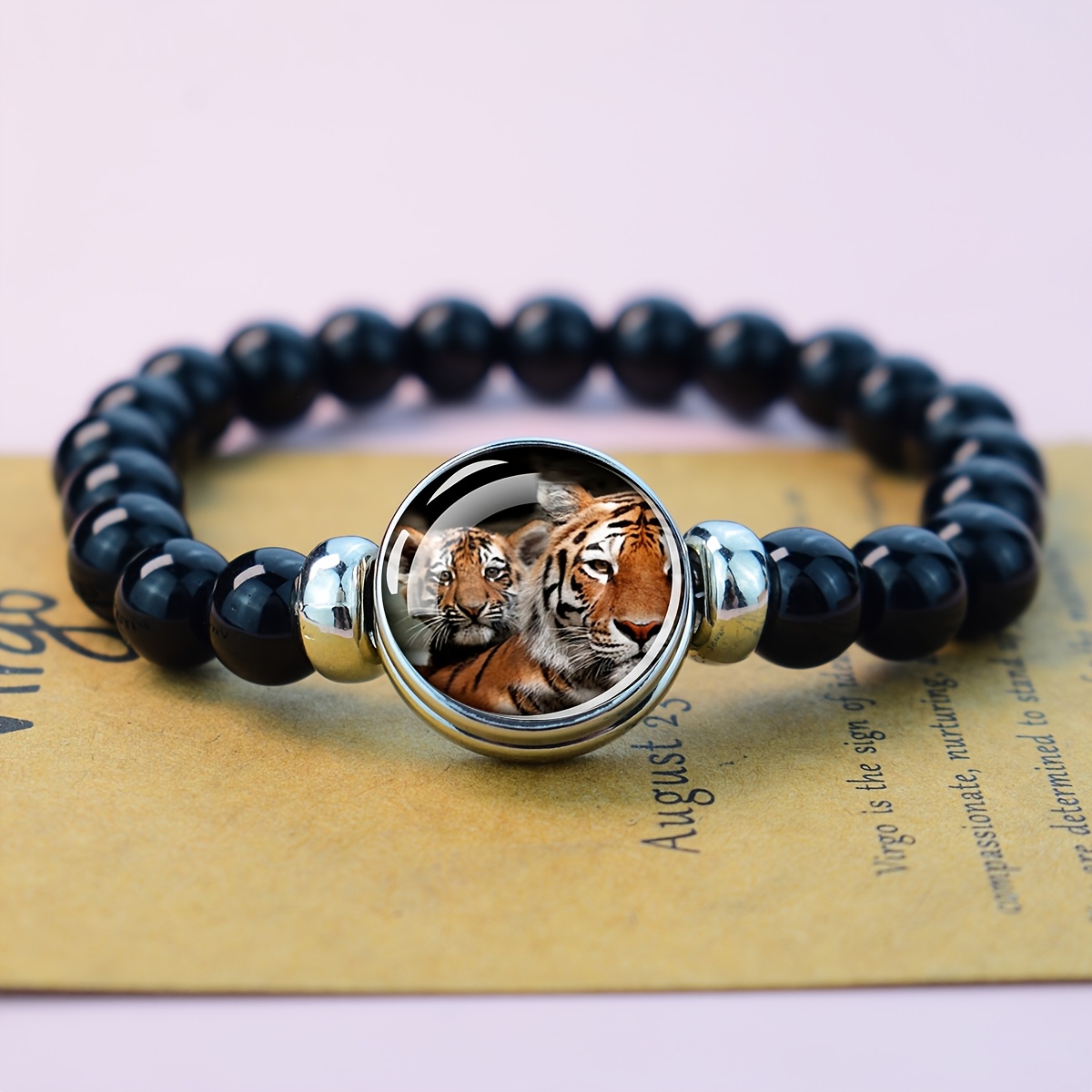 TEMU 1pc Tiger Mother And Cub Pattern Beaded Bracelet With Glass Cabochon Charm For Wildlife Enthusiasts And Animal Supporters