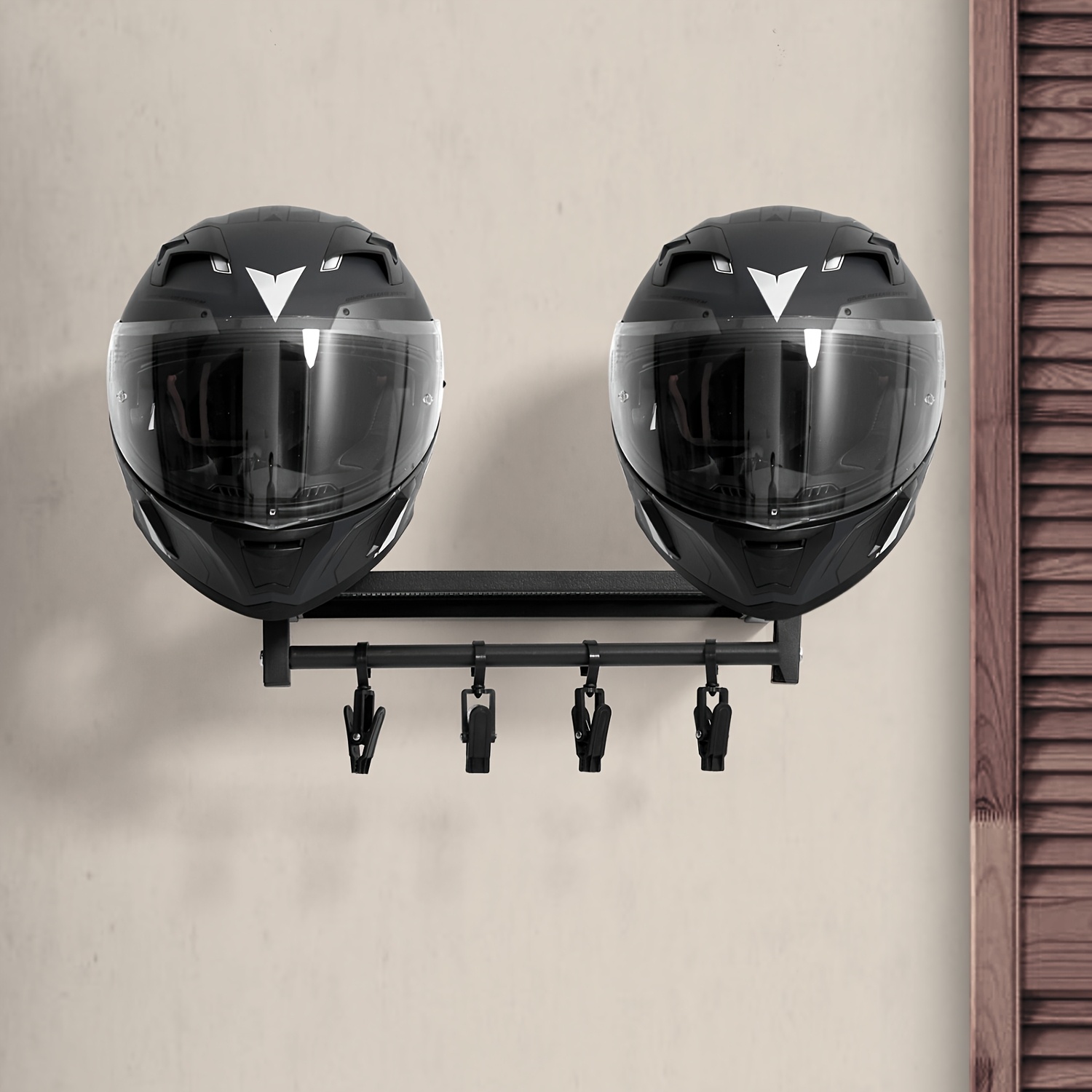 

1pc Iron Motorcycle Helmet Rack With 4 Hooks - Wall Mounted Helmet Hanger For 2 Helmets And Accessories - , Wipe With Dry Cloth - Space-saving Gear Storage For Men