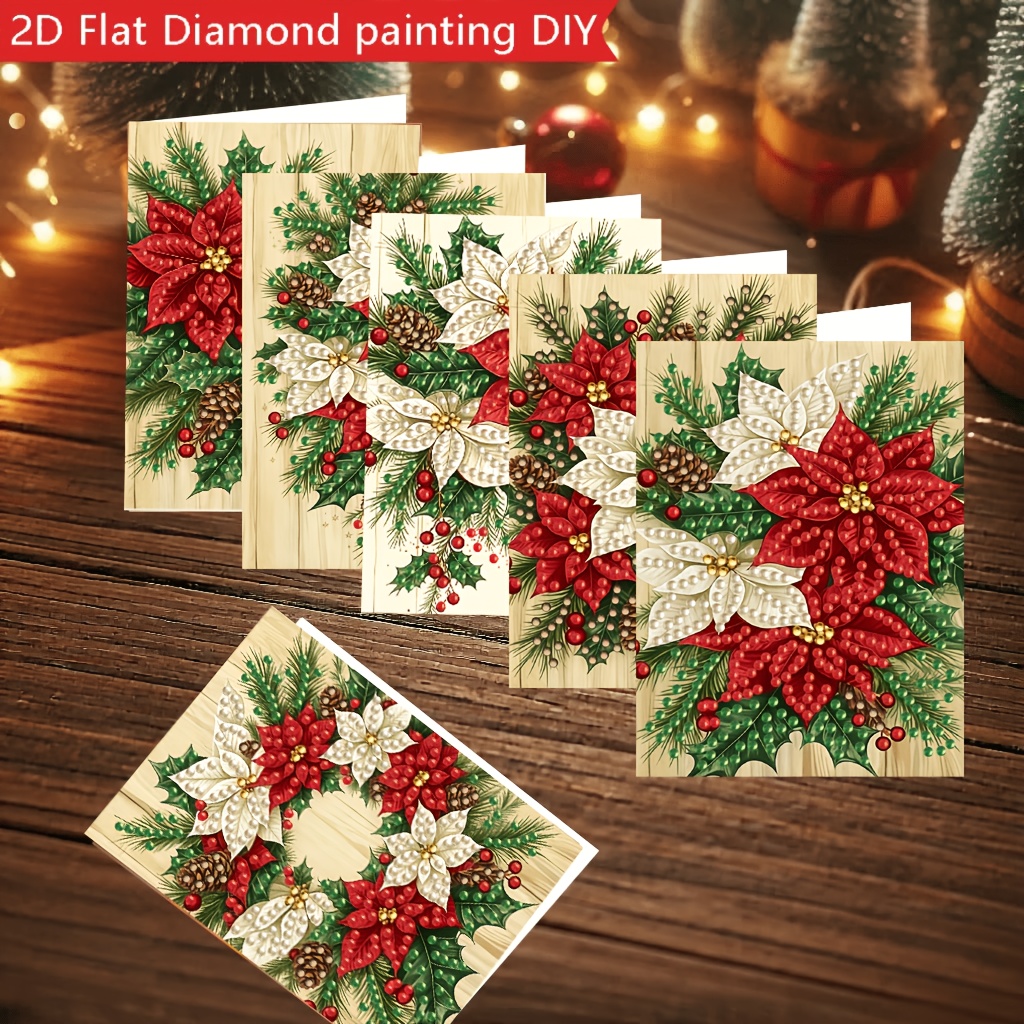 TEMU New Original 6 Sheets Holly Pine Cone Diamond Painting Greeting Cards, Christmas Invitations, Cards, Round Rhinestone Set (18cm X 12cm/7.09in X