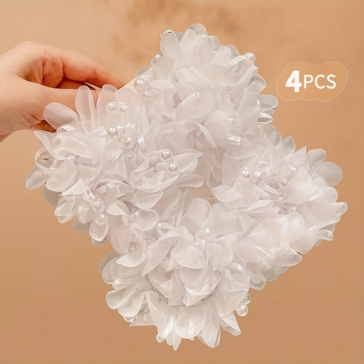 TEMU 4pcs Set Ethereal White Mesh Floral Hair Ties, Three-dimensional Fabric Decorated Ponytail Holders, Women's Wedding Dress Accessories For A