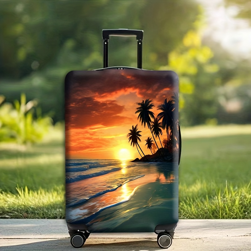 TEMU That Used During Trips, A Printed Suitcase Cover Featuring A Sunset And Palm , A High-elasticity Luggage Cover, A Suitcase Cover For Travel, And