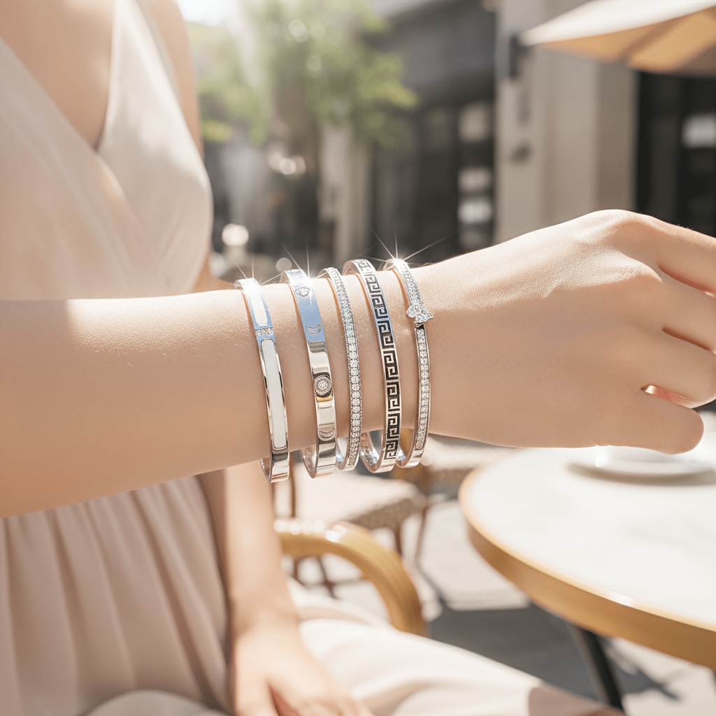 Stainless Steel Open Bangle Bracelet, Elegant White Element Design