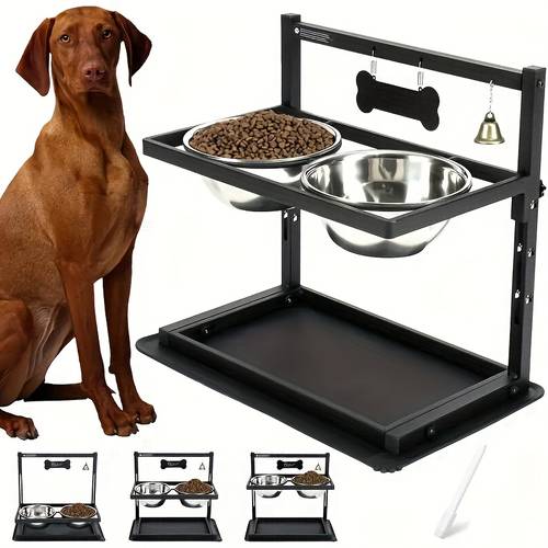adjustable elevated dog bowl with raised dog bowl holder for large and medium dogs bowl with two stainless food bowls
